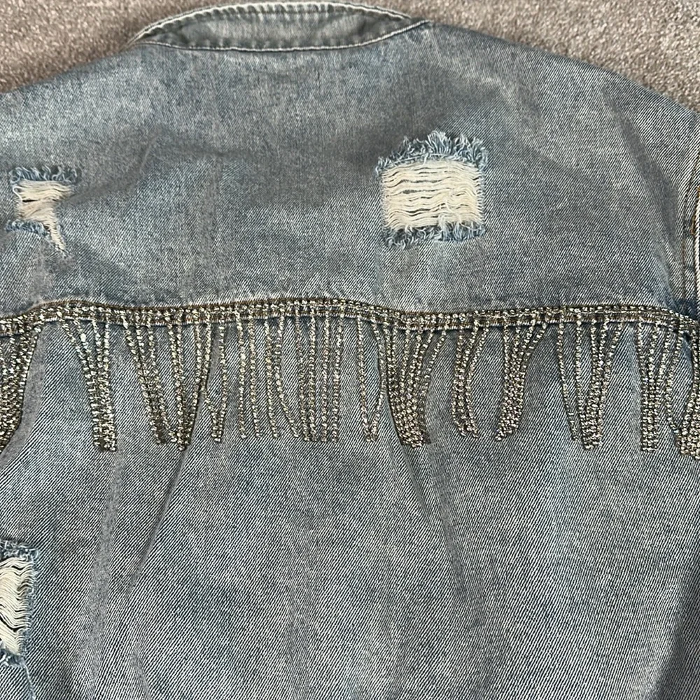Distressed, rhinestone, fringe, jean jacket,‎ grunge, punk band rock